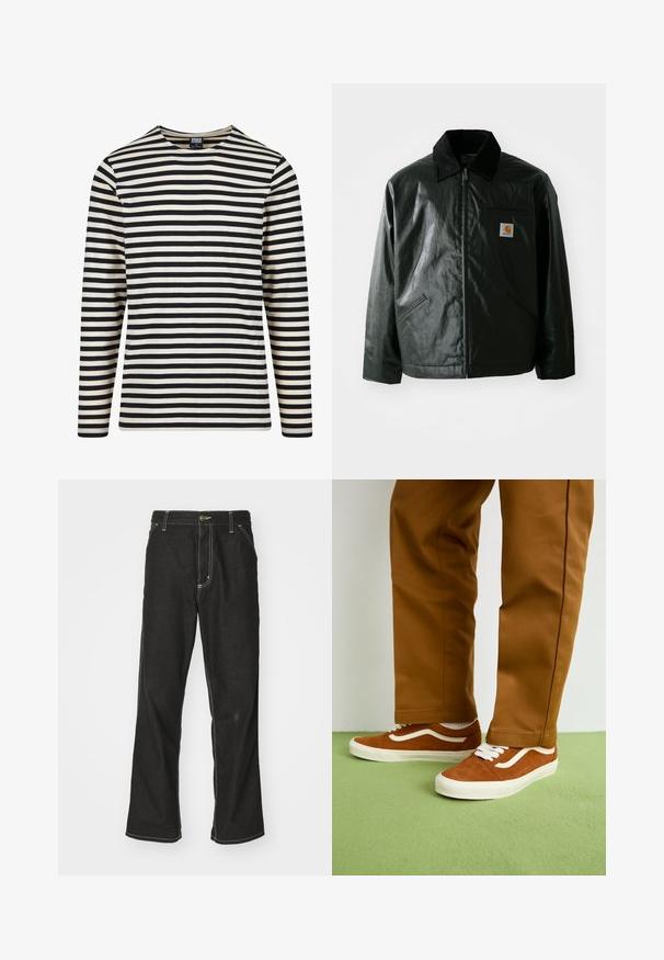 Must mustaga, läikiva materjaliga musta värvi jakk. Omab kordonilõikega kraed, kahte esikäe taskut ja väikest logo sildi rinnal.; Kreemja ja musta triibuga pikkade varrukatega särk, millel on ümar kaelus ja sirge lõige. Valmistatud pehmest puuvillast, millel on ühtlased horisontaalsed triibud.; Mustadest denimist püksid, lahtise lõikega, kontrastsete valgete õmblustega, nööbiga kinnitamine ja sirge säär.; Pruunid suede tossud valgete nööride ja külgtriipudega disainiga, kombineeritud heledate pruunide pükstega rohelisel põrandal.