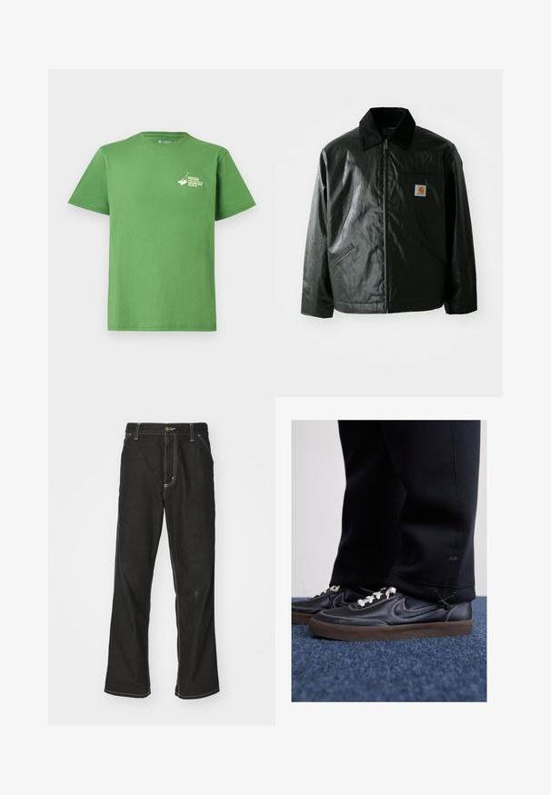Černá zipová bunda vyrobená z hladkého, lesklého materiálu. Má jemný manžetový límec, dvě přední kapsy a malou značkovou nášivku na hrudi.; Zelené bavlněné tričko s krátkými rukávy. Obsahuje bílý grafický potisk na levé straně hrudi, kulatý výstřih a volný střih.; Černé denimové džíny s volným střihem, s kontrastním bílým prošíváním, zapínáním na knoflík a rovnými nohavicemi.; Nike Sportswear KILLSHOT 2 LTR PRM OPP2 - Tenisky - black sail baroque brown mtlc dk grey