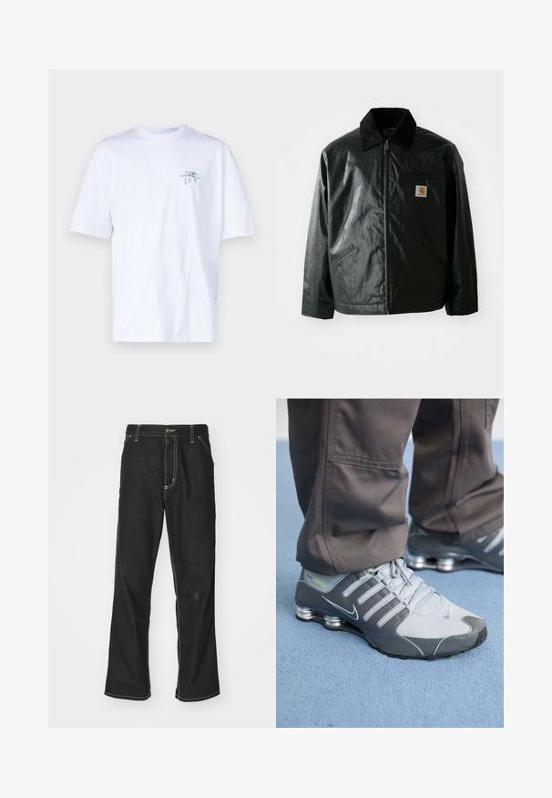 Black zip-up jacket made of smooth, shiny material. Features a corduroy collar, two front pockets, and a small logo patch on the chest.; White cotton t-shirt with short sleeves, crew neck, featuring a small green graphic on the left chest area. Casual, loose-fit design.; Black denim jeans with a loose fit, featuring contrasting white stitching, a button closure, and a straight leg design.; Gray and silver Nike Shox sneakers feature a sleek design, with mesh and synthetic materials, a rounded toe, and a padded collar.