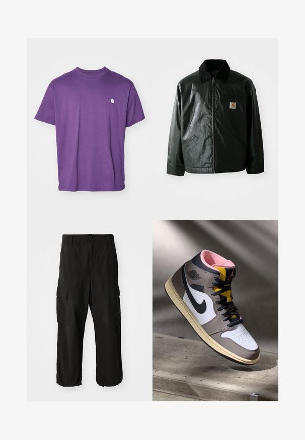 Črna jakna na zadrgo, izdelana iz gladkega, sijočega materiala. Ima žametni ovratnik, dva sprednja žepa in majhno oznako logotipa na prsih.; Vijolična bombažna majica s kratkimi rokavi, okroglo ovratnikom in majhnim belim logotipom na levem prsnem predelu. Gladka tekstura, brez okraskov.; Črne cargo hlače iz mehkega materiala, s sproščenim krojem, stranskimi žepi in gumbom za zapiranje. Dno hlačnic je zakovano.; Visoke Nike Air Jordan superge v beli, sivi in črni barvi z rožnato notranjostjo in rumenem jeziku, nameščene na betonski površini.