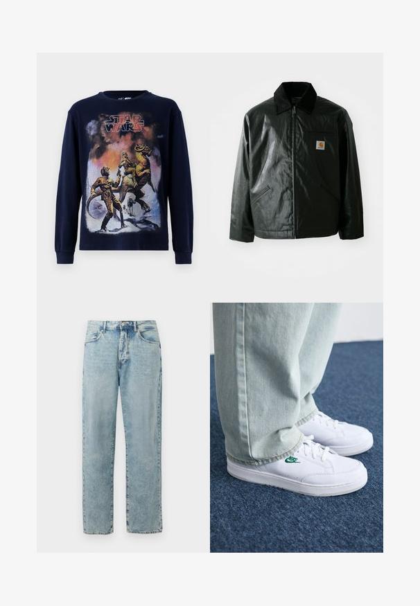 Black zip-up jacket made of smooth, shiny material. Features a corduroy collar, two front pockets, and a small logo patch on the chest.; Navy long-sleeve t-shirt featuring a vintage Star Wars graphic illustration, showcasing characters and a creature on a snowy landscape.; Light blue straight-leg denim jeans with a button and zipper closure, front pockets, and subtle faded detailing.; White leather sneakers with green Nike logo, round toe, flat sole, paired with light blue denim pants, shown on a blue carpet.