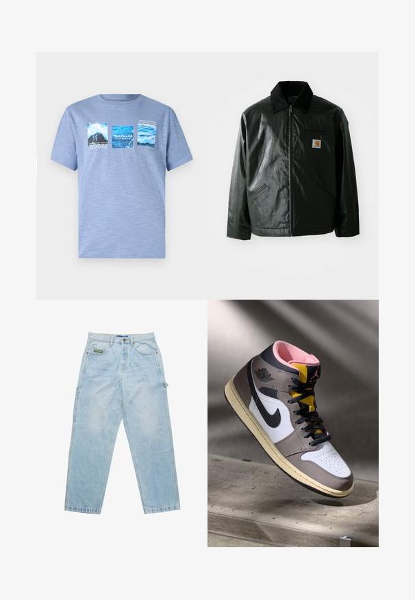 Chaqueta negra con cremallera hecha de un material liso y brillante. Presenta un cuello de pana, dos bolsillos frontales y un pequeño parche con el logo en el pecho.; Camiseta de mangas cortas azul claro hecha de tela suave, con tres impresiones gráficas que representan agua y paisajes con detalles de texto.; Jeans de denim azul claro con un corte holgado, diseño de cinco bolsillos y costuras visibles. Presenta una etiqueta de la marca en el bolsillo frontal.; Zapatilla alta Nike Air Jordan en blanco, gris y negro, con interior rosa y lengüeta amarilla, colocada sobre una superficie de concreto.