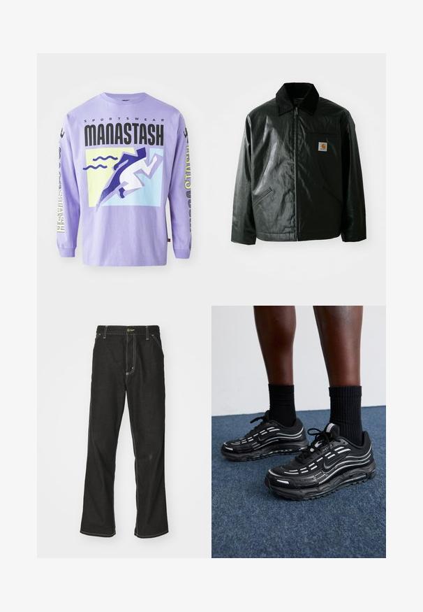 Zwarte ritssluiting jas van glad, glanzend materiaal. Heeft een corduroy kraag, twee voorzakken en een klein logo label op de borst.; Paarse lange mouw t-shirt met een grafisch ontwerp met gestileerde hardloper en golfmotieven. Materiaal: katoen. Tekst bevat "SPORTSWEAR MANASTASH."; Zwarte denim jeans met een losse pasvorm, voorzien van contrasterende witte stiksels, een knoopsluiting en een recht ontwerp.; Zwarte Nike-schoenen hebben een bovenwerk van mesh met accentstreepjes, getextureerde veters en een zwarte rubberen zool. Draag ze met zwarte geribde sokken.