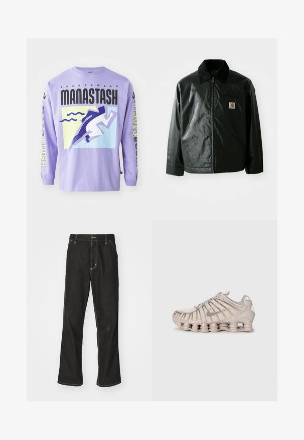 Čierna bundu na zips vyrobenú z hladkého, lesklého materiálu. Obsahuje kordový golier, dve predné vrecká a malú nášivku s logom na hrudi.; Fialové tričko s dlhým rukávom s grafickým dizajnom, ktorý obsahuje stylizované motívy bežca a vlna. Materiál: bavlna. Text obsahuje "SPORTSWEAR MANASTASH."; Čierne denimové nohavice s voľným strihom, s kontrastným bielym prešívaním, uzáverom na gombík a rovnými nohavicami.; Svetlo béžová športová obuv s textilným zvrškom, štruktúrovaným dizajnom a charakteristickou vystuženou podrážkou s cylindrickými časťami.