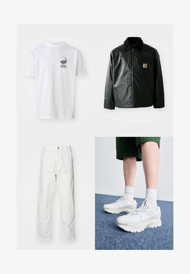 Juodas užtrauktuku užsegamas švarkas, pagamintas iš glotnaus, blizgaus medžiagos. Savybė - keteros apykaklė, dvi priekinės kišenės ir mažas logotipo ženklelis ant krūtinės.; Balta medvilninė marškinėliai su apvaliu iškirpimu. Priekyje yra mažas juodas grafikas su banga ir užrašas "nauji originalai".; Balti medvilniniai kargo džinsai su laisvu siluetu. Ypatybės apima priekines kišenes, auksinius apdailos elementus ir sustiprintas kelio dalis.; Baltos sportinės bateliai su tekstūruotais uždengimais, masyviu padu ir pilkais akcentais. Dėvimi su baltais trumpais kojiniais ir žaliais šortais mėlyname paviršiuje.