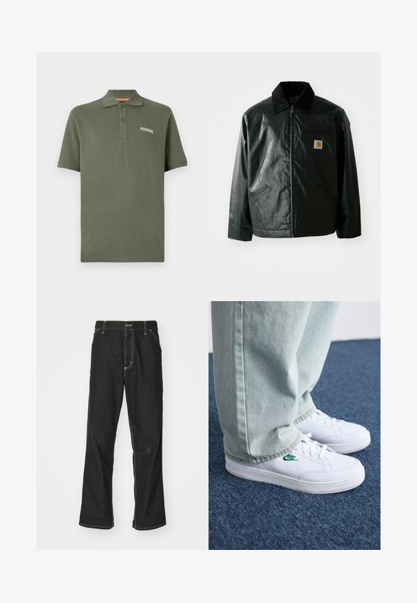 Schwarze Zip-Jacke aus glattem, glänzendem Material. Verfügt über einen Cordkragen, zwei Fronttaschen und ein kleines Logo-Patch auf der Brust.; Olivgrünes Baumwoll-Polohemd mit einer Knopfleiste mit drei Knöpfen, kurzen Ärmeln und einem kleinen Logo hinten auf der Brust. Weicher Stoff, klassischer Schnitt.; Schwarze Denim-Jeans mit lockerer Passform, kontrastierenden weißen Nähten, einem Knopfverschluss und geradem Bein.; Weiße Leder-Sneaker mit grünem Nike-Logo, runde Zehenpartie, flache Sohle, kombiniert mit hellblauen Jeans, präsentiert auf einem blauen Teppich.
