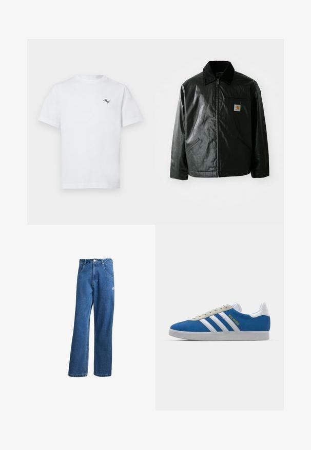 Black zip-up jacket made of smooth, shiny material. Features a corduroy collar, two front pockets, and a small logo patch on the chest.; White cotton t-shirt featuring a crew neckline and short sleeves. Includes a small black embroidered logo on the left chest.; Blue high-waist wide-leg denim jeans with front pockets, belt loops, button closure, and small Adidas logo on the right thigh.; adidas Originals ADIDAS GAZELLE SHOES - Indoor football boots - real madrid/bluebird/footwear white/crew yellow