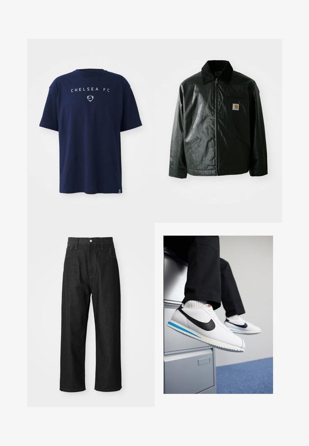 Black zip-up jacket made of smooth, shiny material. Features a corduroy collar, two front pockets, and a small logo patch on the chest.; Navy blue short-sleeve T-shirt with "CHELSEA FC" and Nike logo printed on the chest, displayed on a white background.; Black denim pants with a relaxed fit, high waist, zipper closure, and five-pocket design. Visible stitching accents throughout.; White leather sneakers with a black Nike swoosh, light blue and grey rubber sole, and classic lace-up design. Feet resting on a filing cabinet.