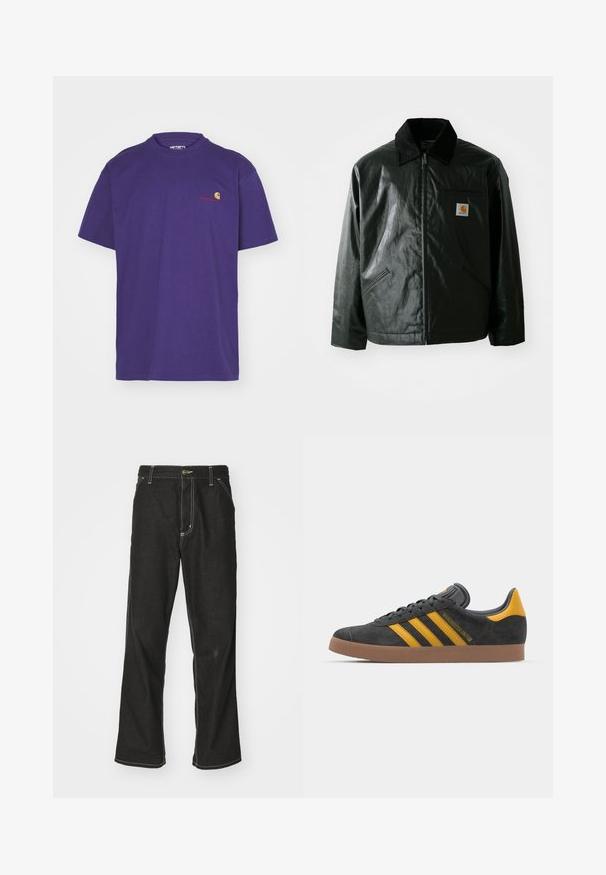 Zwarte ritssluiting jas van glad, glanzend materiaal. Heeft een corduroy kraag, twee voorzakken en een klein logo label op de borst.; Carhartt WIP AMERICAN SCRIPT - T-shirt basic - aura; Zwarte denim jeans met een losse pasvorm, voorzien van contrasterende witte stiksels, een knoopsluiting en een recht ontwerp.; Zwarte suède sneakers met gele accenten, voorzien van drie strepen en een bruine rubberen zool. Inclusief een gevoerde tong voor comfort.