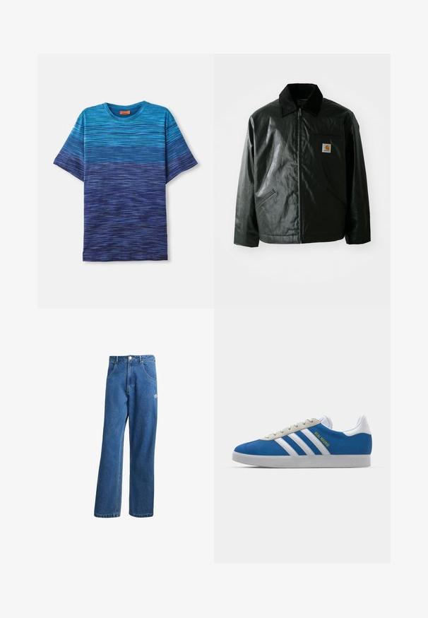 Juodas užtrauktuku užsegamas švarkas, pagamintas iš glotnaus, blizgaus medžiagos. Savybė - keteros apykaklė, dvi priekinės kišenės ir mažas logotipo ženklelis ant krūtinės.; Mėlynas gradientinis marškinėliai, su horizontaliomis juostelėmis, trumpomis rankovėmis, apvaliu iškirpimu ir švelnia tekstūra, pereinančia nuo šviesiai mėlynos iki tamsiai mėlynos.; Mėlynos aukštu liemeniu plačios džinsinės kelnės su priekinėmis kišenėmis, diržo kilpos, sagčių uždarymu ir mažu Adidas logotipu dešinėje šlaunyje.; adidas Originals ADIDAS GAZELLE SHOES - Salės futbolo bateliai - real madrid/bluebird/footwear white/crew yellow