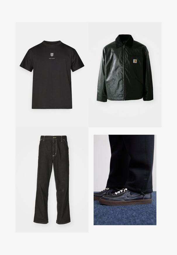 Black zip-up jacket made of smooth, shiny material. Features a corduroy collar, two front pockets, and a small logo patch on the chest.; Black cotton t-shirt with short sleeves, featuring a small USA shield logo and the text “FOREVER FORWARD” in white below the logo.; Black denim jeans with a loose fit, featuring contrasting white stitching, a button closure, and a straight leg design.; Nike Sportswear KILLSHOT 2 LTR PRM OPP2 - Trainers - black sail baroque brown mtlc dk grey