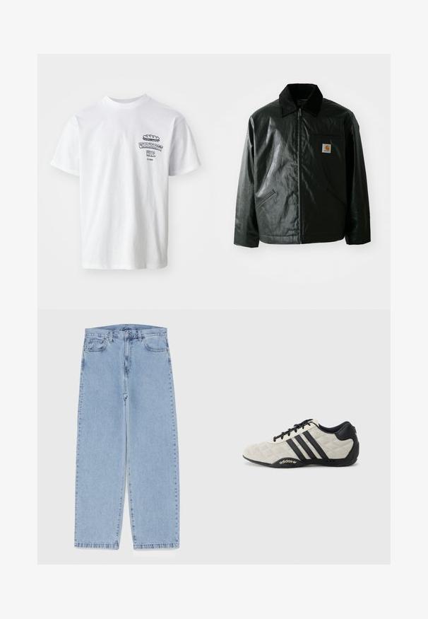Black zip-up jacket made of smooth, shiny material. Features a corduroy collar, two front pockets, and a small logo patch on the chest.; White cotton t-shirt with short sleeves, round neck, and a graphic print featuring the text "Carhartt WIP" and a food illustration on the chest.; Light blue denim jeans with straight leg design, featuring a mid-rise waist, five pockets, and a button and zipper closure.; Adidas sports shoe with a textured, light gray upper and black leather accents. Features black three-stripe logo and cushioned sole.