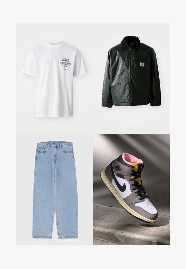 Svart zip-up jacka gjord av slätt, glänsande material. Har en manchesterkrage, två framfickor och en liten logotyp på bröstet.; Vit t-shirt i bomull med korta ärmar, rund hals och en grafisk tryck som visar texten "Carhartt WIP" och en illustration av mat på bröstet.; Ljusblå denimjeans med rak bendesign, midjehög midja, fem fickor samt knapp- och dragkedjestängning.; Höga Nike Air Jordan-sneakers i vitt, grått och svart med rosa inredning och gul tunga, placerade på en betongyta.