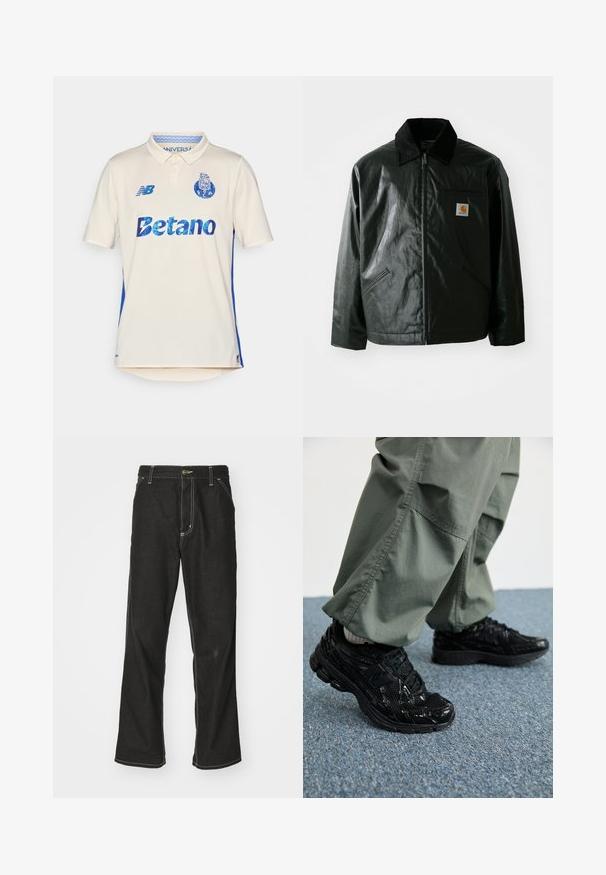 Veste noire zippée en matériau lisse et brillant. Elle dispose d'un col en velours côtelé, de deux poches avant et d'un petit écusson logo sur la poitrine.; Polo shirt crème avec des panneaux latéraux bleus. Présente le logo "Betano" en bleu, un tissu texturé et un col. Logo New Balance sur la poitrine.; Jean en denim noir avec une coupe ample, comportant des coutures blanches contrastantes, une fermeture à bouton et un design à jambes droites.; Baskets de sport noires avec des textures brillantes et en mesh, dotées d'une semelle épaisse et de lacets, assorties à un pantalon cargo ample vert olive.