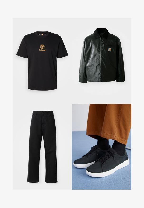 Svart zip-up jakke laget av jevnt, blankt materiale. Har en kordfløyelskrage, to frontlommer og en liten logo-lapp på brystet.; Svart bomull t-skjorte med et gulltrelogo og "Timberland"-tekst. Rund hals og korte ermer, med en jevn tekstur.; Svart denimbukser med rett snitt, med frontlommer, glidelåsgylf og en enkelt knapp i toppen. Teksturert stoff med matt overflate.; Svarte semskede sneakers med hvite gummisåler, med snøring, teksturerte detaljer og subtil branding, sammen med brune bukser.