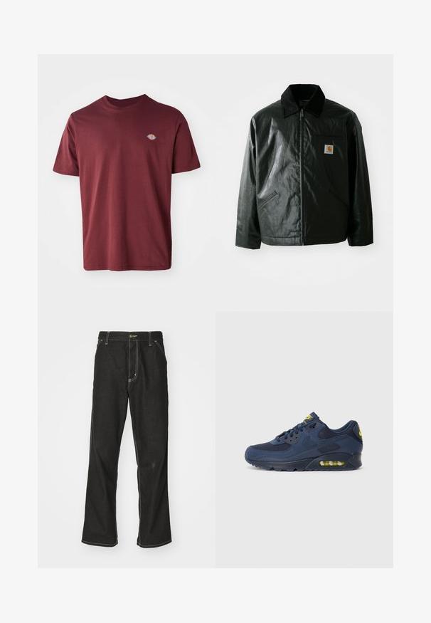 Schwarze Zip-Jacke aus glattem, glänzendem Material. Verfügt über einen Cordkragen, zwei Fronttaschen und ein kleines Logo-Patch auf der Brust.; Burgunderfarbendes Baumwoll-T-Shirt mit Rundhalsausschnitt, kurzen Ärmeln und einem kleinen, runden Markenlogo, das auf der linken Brust gestickt ist.; Schwarze Denim-Jeans mit lockerer Passform, kontrastierenden weißen Nähten, einem Knopfverschluss und geradem Bein.; Dunkelblaue Nike Air Max Sneaker mit Obermaterial aus Wildleder und Mesh, ausgestattet mit gelben Akzenten, Schnürung vorne und sichtbarer Luftpolsterung in der Sohle.