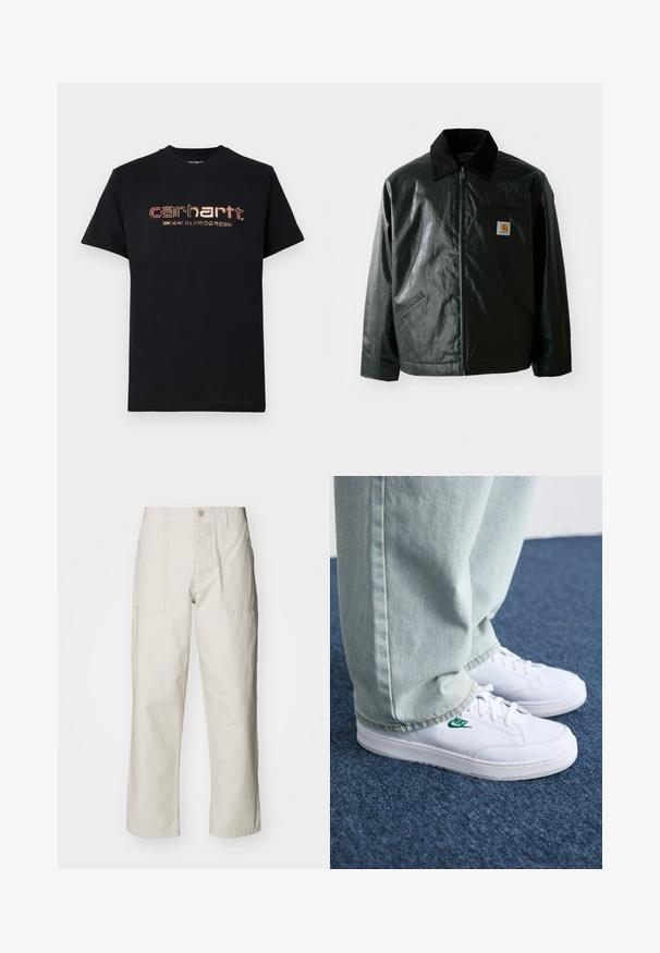 Black zip-up jacket made of smooth, shiny material. Features a corduroy collar, two front pockets, and a small logo patch on the chest.; Black cotton t-shirt with short sleeves and a crew neck. Front features metallic red and gold text: "carhartt. WORK IN PROGRESS."; Light beige wide-leg pants made of cotton. Features front pockets and a button closure. Smooth texture with subtle vertical lines.; White leather sneakers with green Nike logo, round toe, flat sole, paired with light blue denim pants, shown on a blue carpet.