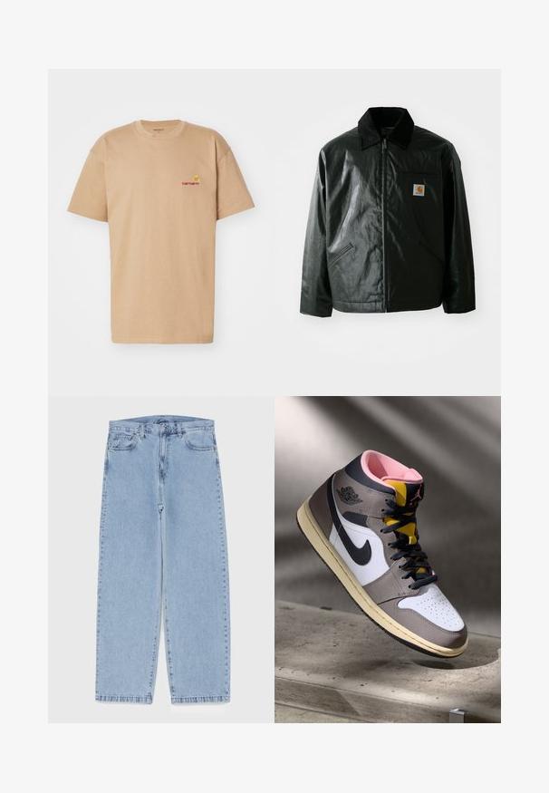 Black zip-up jacket made of smooth, shiny material. Features a corduroy collar, two front pockets, and a small logo patch on the chest.; Beige cotton t-shirt with short sleeves, crew neck, and red Carhartt logo embroidered on left chest. Simple, relaxed fit design.; Light blue denim jeans with straight leg design, featuring a mid-rise waist, five pockets, and a button and zipper closure.; High-top Nike Air Jordan sneaker in white, grey, and black with pink interior and yellow tongue, positioned on a concrete surface.