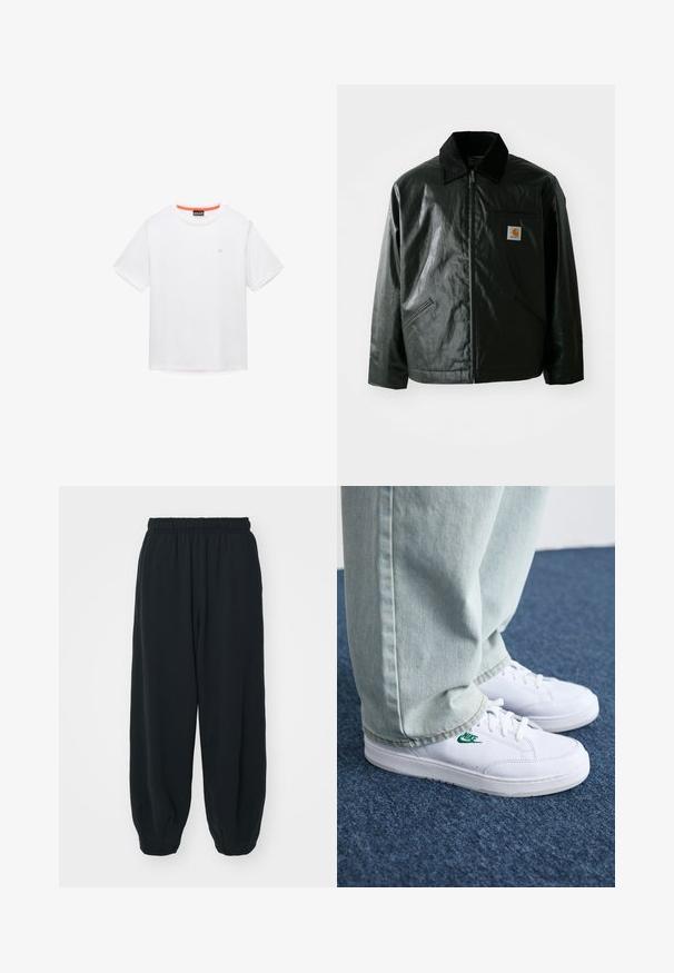 Μαύρο μπουφάν με φερμουάρ, φτιαγμένο από λείο, γυαλιστερό υλικό. Διαθέτει κοτλέ γιακά, δύο μπροστινές τσέπες και μια μικρή ετικέτα λογότυπου στο στήθος.; Λευκό βαμβακερό t-shirt με στρογγυλή λαιμόκοψη, κοντά μανίκια και μικρό λογότυπο στο στήθος. Διαθέτει αντίθετη πορτοκαλί επένδυση στο εσωτερικό του γιακά.; Μαύρες, φόρμες με ελαστική μέση και χαλαρή εφαρμογή, με ρεβέρ στους αστραγάλους, λεία υφή και χωρίς ορατά μοτίβα ή αξεσουάρ.; Λευκά δερμάτινα sneakers με πράσινο λογότυπο Nike, στρογγυλή μύτη, επίπεδη σόλα, συνδυασμένα με ανοιχτό μπλε τζην παντελόνι, τοποθετημένα σε μπλε χαλί.