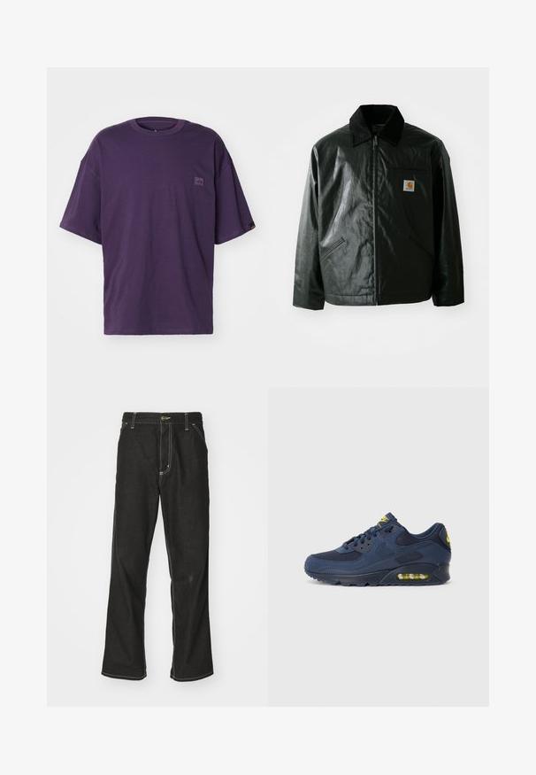 Černá zipová bunda vyrobená z hladkého, lesklého materiálu. Má jemný manžetový límec, dvě přední kapsy a malou značkovou nášivku na hrudi.; Fialové tričko s krátkým rukávem vyrobené z bavlny s kulatým výstřihem, které má malou nášivku loga na levé části hrudi a detail boční cedulky.; Černé denimové džíny s volným střihem, s kontrastním bílým prošíváním, zapínáním na knoflík a rovnými nohavicemi.; Tmavě modré tenisky Nike Air Max se svrškem z semiše a síťoviny, s žlutými akcenty, šněrováním vpředu a viditelným vzduchovým polstrováním v podrážce.