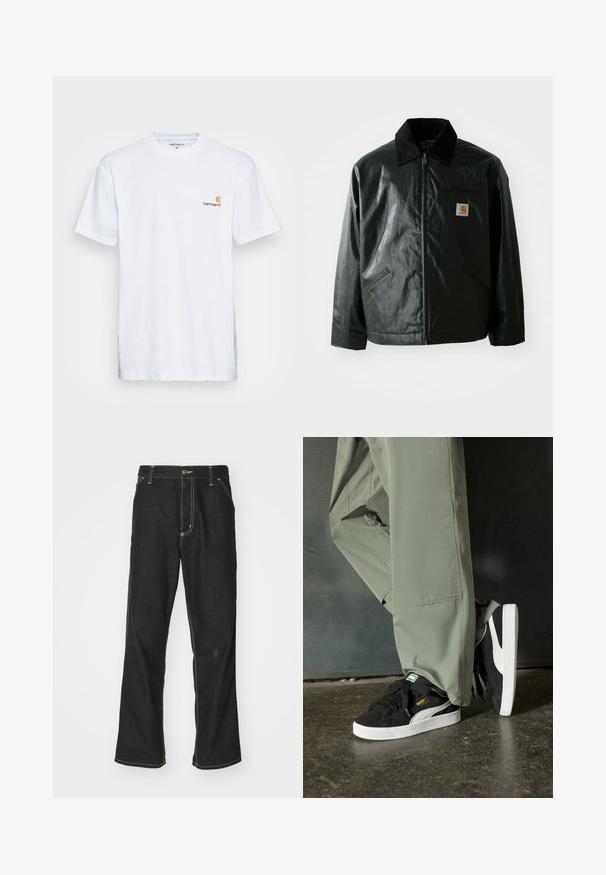 Jachetă neagră cu fermoar, confecționată dintr-un material neted și lucios. Prezintă un guler din catifea, două buzunare frontale și un mic logo brodat pe piept.; Tricou alb din bumbac, cu mâneci scurte. Creat cu un mic logo portocaliu și bordo pe pieptul stâng. Prezintă un gât rotund clasic.; Jeans negri din denim, cu o croială largă, cu cusături albe contrastante, închidere cu nasture și un design cu picior drept.; Adidași negri din piele întoarsă cu tălpi din cauciuc alb și dungi pe lateral, asortați cu pantaloni cargo verzi deschis, stând pe o suprafață texturată întunecată.