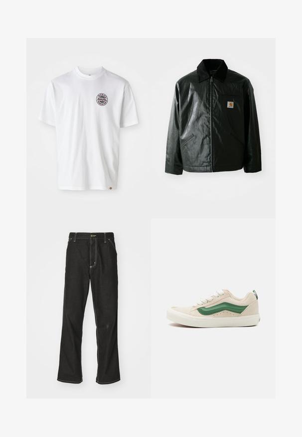 Černá zipová bunda vyrobená z hladkého, lesklého materiálu. Má jemný manžetový límec, dvě přední kapsy a malou značkovou nášivku na hrudi.; Bílý bavlněný tričko s kulatým logem na hrudi. Kulatý výstřih, krátké rukávy, volný střih, s červenými a černými akcenty.; Černé denimové džíny s volným střihem, s kontrastním bílým prošíváním, zapínáním na knoflík a rovnými nohavicemi.; Béžové semišové tenisky se zelenými koženými akcenty, zaoblenou špičkou, bílými tkaničkami a texturovanými detaily po stranách. Viditelná gumová podrážka.