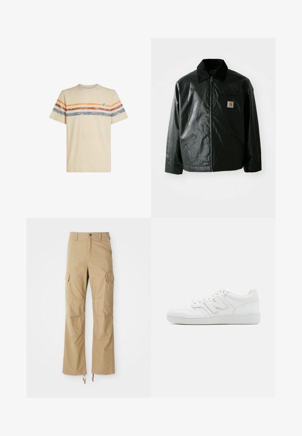 Svart zip-up jakke laget av jevnt, blankt materiale. Har en kordfløyelskrage, to frontlommer og en liten logo-lapp på brystet.; Kremfarget bomulls t-skjorte med horisontale striper i oransje, rødt og blått. Korte ermer, rund halslinning og lite logo detaljer på brystet.; Khaki cargo bukser laget av slitesterkt stoff, med flere sidelommer, en rett ben design og justerbare snorer i kanten.; Hvit sneakers laget av glatt lær, med perforert tå, en teksturert gummisåle, flate lisser og en fremtredende 'N' logo på siden.