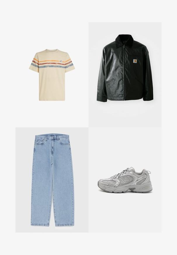 Čierna bundu na zips vyrobenú z hladkého, lesklého materiálu. Obsahuje kordový golier, dve predné vrecká a malú nášivku s logom na hrudi.; Krémové bavlnené tričko s horizontálnymi pruhmi v oranžovej, červenej a modrej farbe. Krátke rukávy, okrúhly výstrih a malý logový detail na hrudi.; Svetlomodré denimové džínsy s rovnými nohavicami, s polovysokým pásom, piatimi vreckami a zapínaním na gombík a zips.; Strieborná športová obuv so štíhlym dizajnom, sieťovanými panelmi, polstrovaným jazykom, textúrovaným syntetickým zvrškom a gumovou podrážkou pre trakciu.