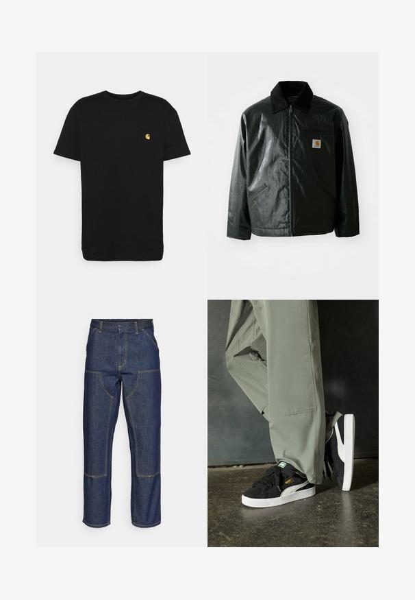 Must mustaga, läikiva materjaliga musta värvi jakk. Omab kordonilõikega kraed, kahte esikäe taskut ja väikest logo sildi rinnal.; Must must tee, lühikeste varrukatega, ümar kaelus ja vasakul rinnal väike kollane logo. Lihtne disain ja regulaarne istuvus.; Tumedast sinisest denimmaterjalist teksad kõrge talje, sirge sääre disainiga, kontrastsete õmblustega ning ees taskud plaastritega.; Mustad nubukist spordijalatsid valgete kummist tallade ja külgriidega, koos heleda rohelise cargo-pükstega, seistes tekstureeritud tumedal pinnasel.