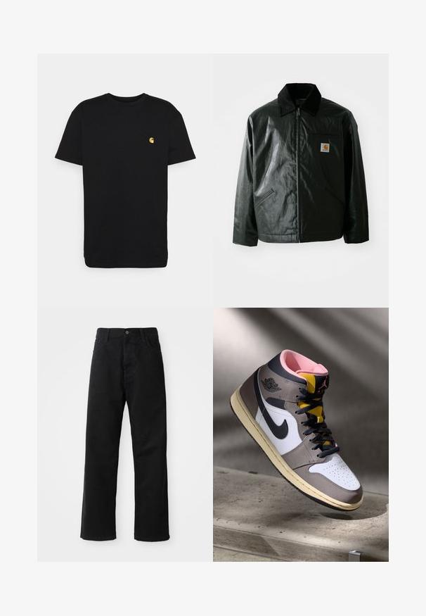 Giacca nera con zip realizzata in materiale liscio e lucido. Presenta un colletto in corduroy, due tasche frontali e una piccola patch con logo sul petto.; T-shirt nera in cotone con maniche corte, colletto rotondo e un piccolo logo giallo sulla zona sinistra del petto. Design semplice e vestibilità regolare.; Pantaloni in denim nero con taglio dritto, caratterizzati da tasche frontali, chiusura con zip e un singolo bottone superiore. Tessuto testurizzato con finitura opaca.; Sneaker Nike Air Jordan alta in bianco, grigio e nero con interno rosa e linguetta gialla, posizionata su una superficie di cemento.