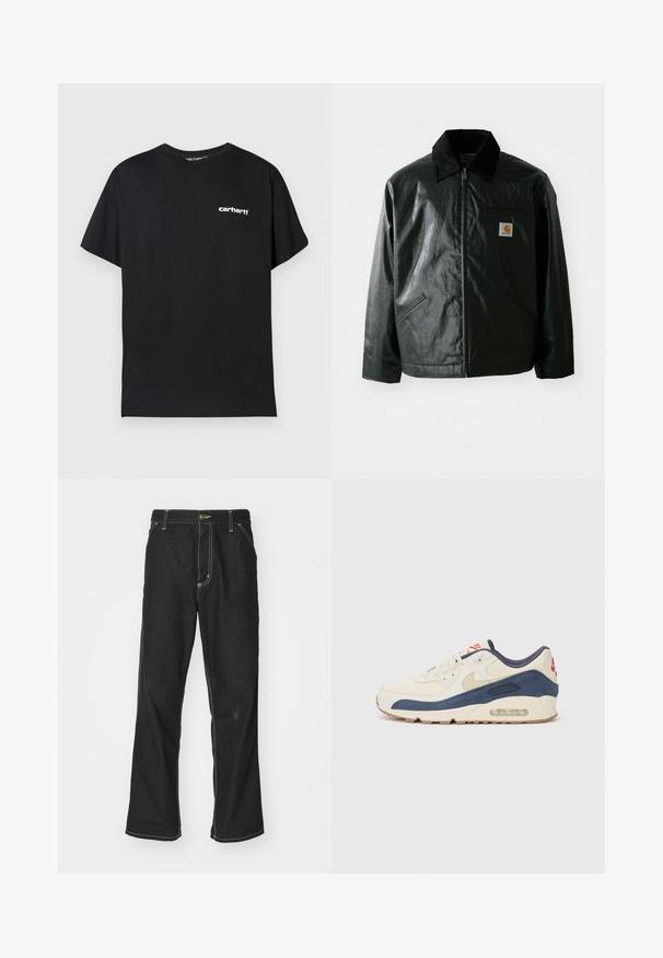 Mustat vetoketjulliset takit, jotka on valmistettu sileästä, kiiltävästä materiaalista. Sisältää kangastakin kauluksen, kaksi etutaskua ja pienen logopatchin rinnassa.; Musta puuvillainen t-paita, jossa on rento istuvuus, lyhyet hihat ja valkoinen "Carhartt"-logo vasemmassa rinnassa.; Mustat farkut, joissa on löysä istuvuus, erottuva valkoinen ompelu, nappikiinnitys ja suora lahje.; Tennarit, joissa on kermanvärinen nahka ja merimiessininen mokka päällinen, näkyvällä ilmasoolalla, beige kumipohja ja punainen yksityiskohta kantapäässä.