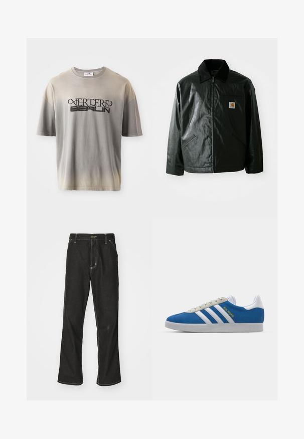 Must mustaga, läikiva materjaliga musta värvi jakk. Omab kordonilõikega kraed, kahte esikäe taskut ja väikest logo sildi rinnal.; Hallide üleminekuga hall t-särk lühikeste varrukatega, millel on must trükk tekstiga "VERTERE BERLIN" stiliseeritud fondis, pehme tekstuur ja mugav sobivus.; Mustadest denimist püksid, lahtise lõikega, kontrastsete valgete õmblustega, nööbiga kinnitamine ja sirge säär.; adidas Originals ADIDAS GAZELLE SHOES - Saalijalgpalli saapad - real madrid/bluebird/footwear white/crew yellow