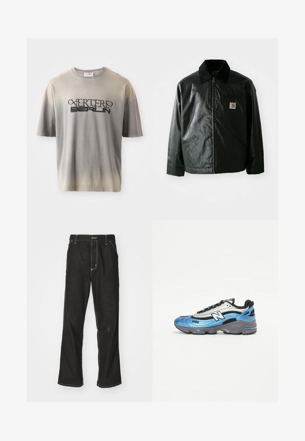 Juodas užtrauktuku užsegamas švarkas, pagamintas iš glotnaus, blizgaus medžiagos. Savybė - keteros apykaklė, dvi priekinės kišenės ir mažas logotipo ženklelis ant krūtinės.; Pilkos spalvos gradientinis marškinėliai trumpomis rankovėmis, su juodu spaudiniu „VERTERE BERLIN“ stilizuotu šriftu, minkšta tekstūra ir laisvu kirpimu.; Juodi džinsai su laisvu siluetu, turintys kontrastingas balto siūlo siūles, mygtuko uždarymą ir tiesų kojos dizainą.; Mėlyna ir sidabrinė sportinė avalynė, pagaminta iš tinklinės ir sintetinės medžiagos, su storu pilku padu ir ryškiomis juodomis akcentais. Matomas modelio numeris 1000.