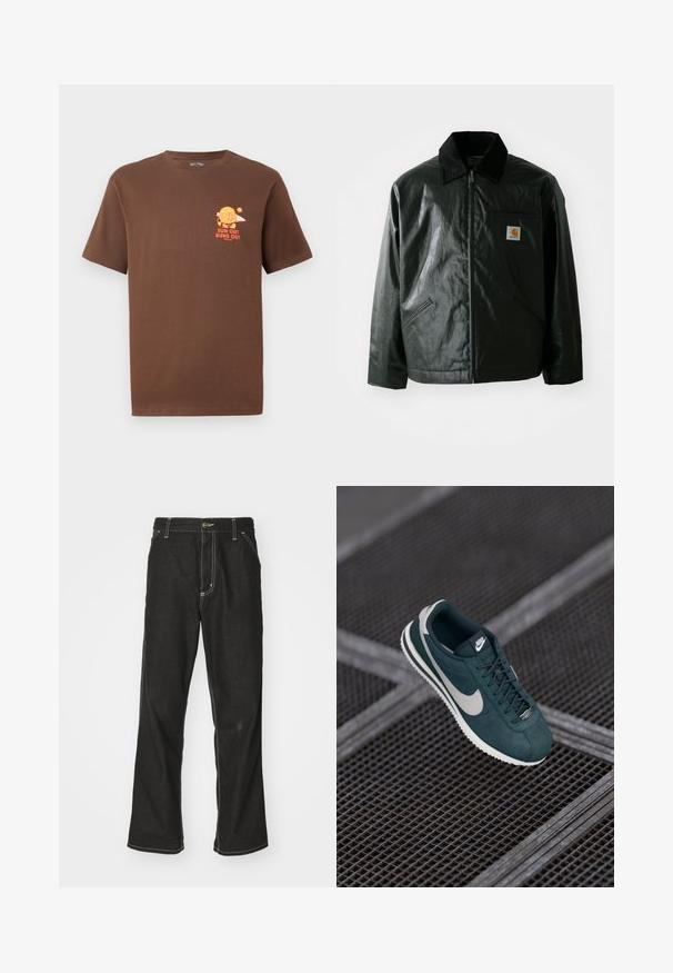 Zwarte ritssluiting jas van glad, glanzend materiaal. Heeft een corduroy kraag, twee voorzakken en een klein logo label op de borst.; Bruine korte mouwen T-shirt met een kleine oranje grafische afbeelding van een hamburger die een surfboard vasthoudt en de tekst "SUN OUT BUNS OUT" op de linkerborst.; Zwarte denim jeans met een losse pasvorm, voorzien van contrasterende witte stiksels, een knoopsluiting en een recht ontwerp.; Nike sneaker in donkergroen suede met grijze accenten, met een ronde neus, platte veters en een gestructureerde rubberen zool. Logo op de tong.