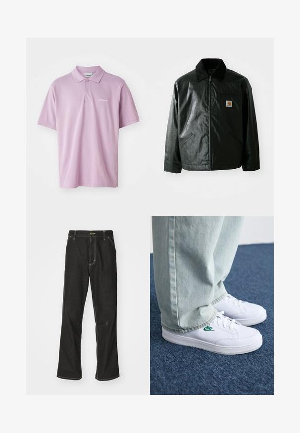 Zwarte ritssluiting jas van glad, glanzend materiaal. Heeft een corduroy kraag, twee voorzakken en een klein logo label op de borst.; Lichtpaarse polo met een drieknoopsluiting, korte mouwen en een klein wit geborduurd logo op de borst. Van katoen.; Zwarte denim jeans met een losse pasvorm, voorzien van contrasterende witte stiksels, een knoopsluiting en een recht ontwerp.; Witte leren sneakers met groen Nike-logo, ronde neus, platte zool, gedragen met lichtblauwe denim broek, weergegeven op een blauwe vloerkleed.