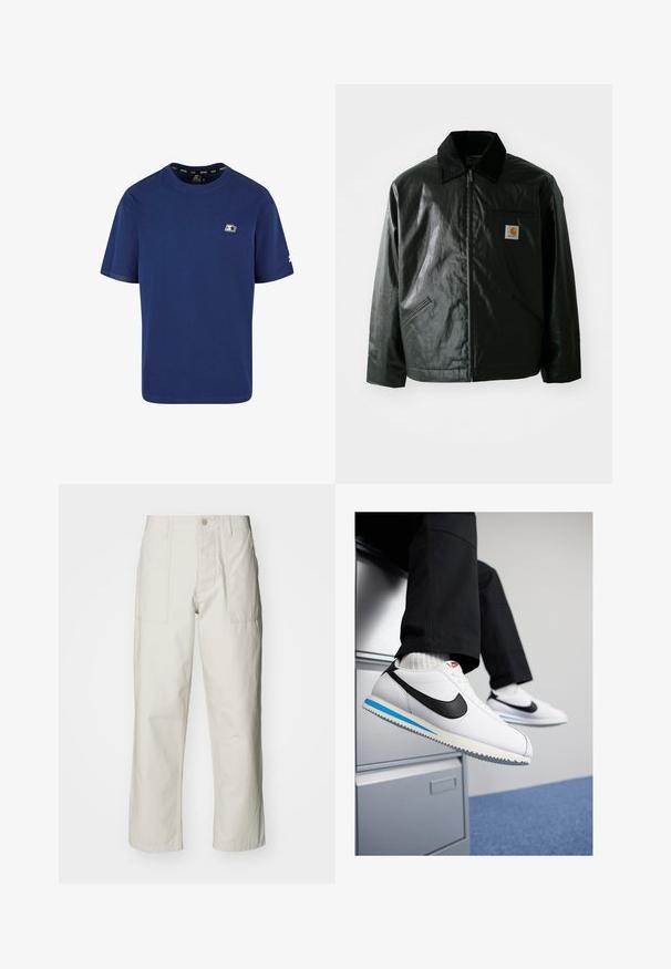 Černá zipová bunda vyrobená z hladkého, lesklého materiálu. Má jemný manžetový límec, dvě přední kapsy a malou značkovou nášivku na hrudi.; Námořnická modrá tričko vyrobené z bavlny; krátké rukávy; kulatý výstřih; na levé straně hrudi má malé logo a akcent na rukávu.; Světle béžové kalhoty s širokými nohavicemi vyrobené z bavlny. Obsahují přední kapsy a zapínání na knoflík. Hladký povrch s jemnými vertikálními pruhy.; Bílé kožené tenisky s černým logem Nike, světle modrou a šedou gumovou podrážkou a klasickým šněrovacím designem. Nohy odpočívají na skříni.