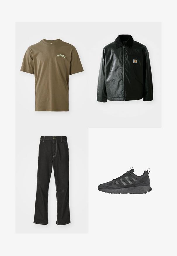 Juodas užtrauktuku užsegamas švarkas, pagamintas iš glotnaus, blizgaus medžiagos. Savybė - keteros apykaklė, dvi priekinės kišenės ir mažas logotipo ženklelis ant krūtinės.; Alyvuogių spalvos medvilnės marškinėliai su trumpomis rankovėmis, apvaliu kaklu ir mažuoju baltu "Dickies" logotipu, atspaustu kairiajame krūtinės pusėje. Lygus paviršius.; Juodi džinsai su laisvu siluetu, turintys kontrastingas balto siūlo siūles, mygtuko uždarymą ir tiesų kojos dizainą.; Juodos sportinės bateliai su tinkline ir zomšine viršūne, tekstūruotu gumo padu, paminkštintu kraštu ir išskirtiniu trijų juostų dizainu pilkoje spalvoje.