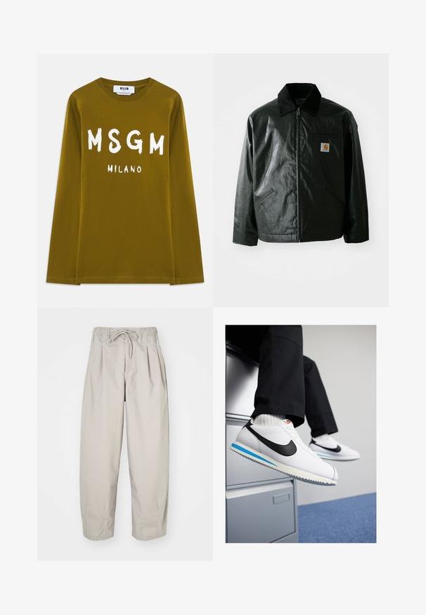 Black zip-up jacket made of smooth, shiny material. Features a corduroy collar, two front pockets, and a small logo patch on the chest.; Olive green long-sleeve t-shirt made of cotton, featuring large white "MSGM" and "MILANO" text printed on the front.; Beige, lightweight trousers with an elastic waistband and drawstring. Features pleats and a loose fit, crafted from soft, smooth fabric.; White leather sneakers with a black Nike swoosh, light blue and grey rubber sole, and classic lace-up design. Feet resting on a filing cabinet.