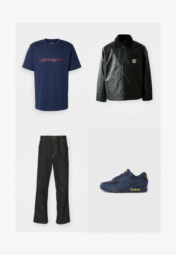 Veste noire zippée en matériau lisse et brillant. Elle dispose d'un col en velours côtelé, de deux poches avant et d'un petit écusson logo sur la poitrine.; Carhartt WIP SCRIPT - T-shirt imprimé - air force blue/malbec; Jean en denim noir avec une coupe ample, comportant des coutures blanches contrastantes, une fermeture à bouton et un design à jambes droites.; Baskets Nike Air Max bleu marine avec une tige en suède et en maille, présentant des accents jaunes, un devant à lacets et un partiellement visible amorti d'air dans la semelle.