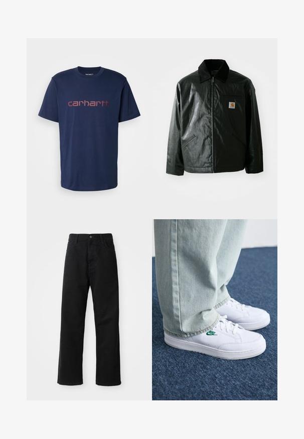 Svart zip-up jacka gjord av slätt, glänsande material. Har en manchesterkrage, två framfickor och en liten logotyp på bröstet.; Carhartt WIP SCRIPT - T-shirt med print - air force blue/malbec; Svarta denimbyxor med rak passform, försedda med framfickor, dragkedja och en enda knapp i midjan. Strukturerad tyg med matt yta.; Vita lädersneakers med grön Nike-logga, rund tå, platt sula, kombinerade med ljusblå denimbyxor, visade på en blå matta.