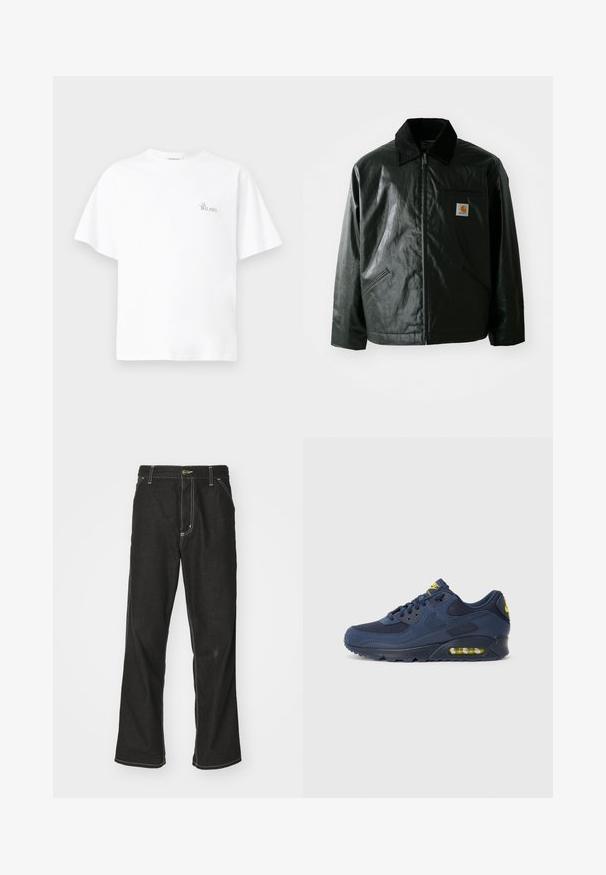 Casaco preto com fecho éclair, feito de material liso e brilhante. Apresenta um colarinho de veludo, dois bolsos frontais e um pequeno emblema no peito.; Camiseta branca de algodão com um corte descontraído, gola redonda, mangas curtas e um pequeno logótipo "La Bellavista" bordado no peito.; Calças de ganga pretas de corte largo, com costuras brancas em contraste, fecho de botão e design de perna reta.; Tenis Nike Air Max azul marinho com parte superior em camurça e malha, com detalhes amarelos, fecho de atacadores na frente e amortecimento visível na sola.