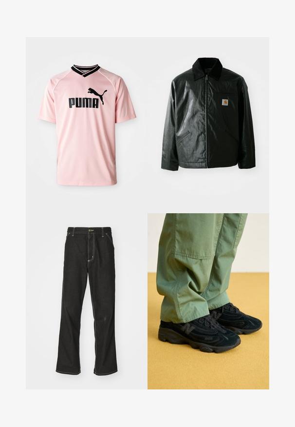 Melnā zip-up jaka, izgatavota no gludas, spīdīgas materiāla. Ir korduroja apkakle, divas priekšējās kabatas un neliela logo placdarma uz krūtīm.; Rozā sporta krekls, kas izgatavots no elpojoša auduma. Tam ir melna V veida kakla apmale un melns Puma logo uz priekšpuses. Īsas piedurknes ar teksturētu dizainu.; Melni džinsi ar brīvu piegriezumu, ar kontrastējošu baltu diegu, pogu aizdari un taisnu kāju dizainu.; Melni New Balance sporta apavi ar teksturētu virsmu, ar izteiktu logotipu un mīkstu zoli, kombinēti ar brīviem zaļiem biksēm.