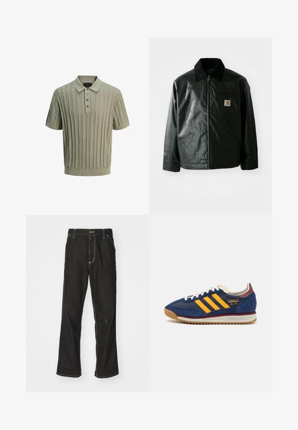 Must mustaga, läikiva materjaliga musta värvi jakk. Omab kordonilõikega kraed, kahte esikäe taskut ja väikest logo sildi rinnal.; Kootud polo särk heles rohelises värvuses, millel on nööbiga kaelus, lühikesed varrukad, kolme nööbiga kinnitamine ja soonikkoes krae ning alumine äär.; Mustadest denimist püksid, lahtise lõikega, kontrastsete valgete õmblustega, nööbiga kinnitamine ja sirge säär.; Tumed sametist tenniset kollaste triipudega, valgete paeltega ja burgeoone aktsentidega. Tekstureeritud tallal on sooned haardeks. Brändi logo küljel.