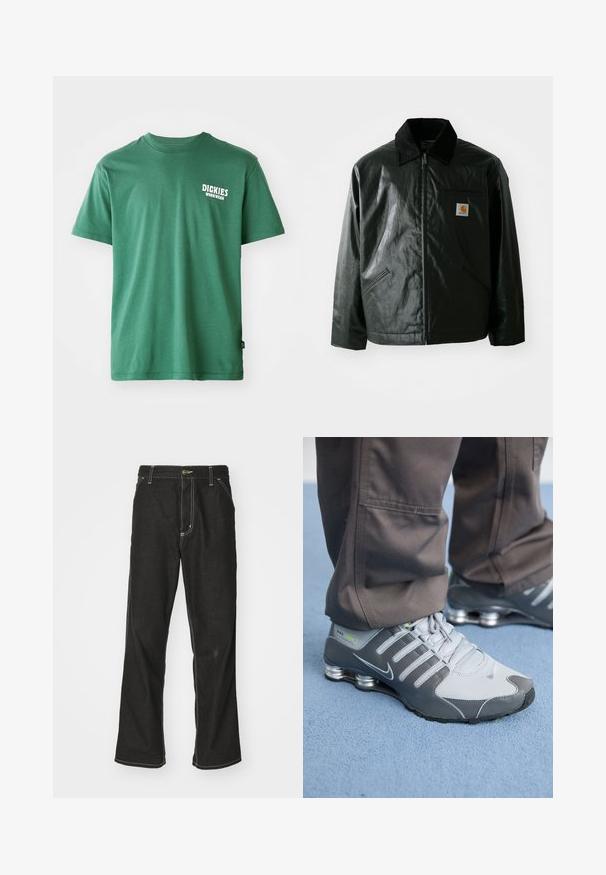 Must mustaga, läikiva materjaliga musta värvi jakk. Omab kordonilõikega kraed, kahte esikäe taskut ja väikest logo sildi rinnal.; Roheline puuvillane t-särk, millel on ümmargune kaelus, lühikesed varrukad ja valge logo vasakul rinnal. Sile tekstuur ja mugav lõige.; Mustadest denimist püksid, lahtise lõikega, kontrastsete valgete õmblustega, nööbiga kinnitamine ja sirge säär.; Hallid ja hõbe Nike Shox tennisetossud on varustatud elegantse disainiga, neil on võrkkangas ja sünteetilised materjalid, ümar varvas ja pehmendatud kaelus.