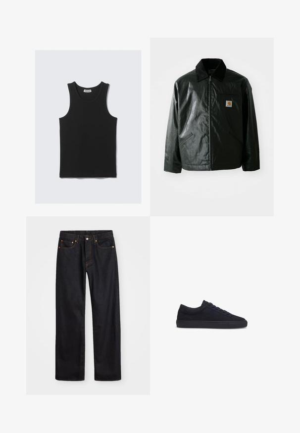 Fekete zipzáros dzseki sima, fényes anyagból. Kordbársony gallérral, két elülső zsebbel és egy kis logós felvarrással a mellkason.; Fekete pamut ujjatlan póló bordázott textúrával, kerek nyakkivágással és széles karöltőkkel. A címke látható a nyakrésznél.; Férfi egyenes szabású fekete farmernadrág öt zsebbel és narancssárga varrással, gombos és cipzáros záródással elöl.; Les Deux TEDDY - Sportcipő - dark navy