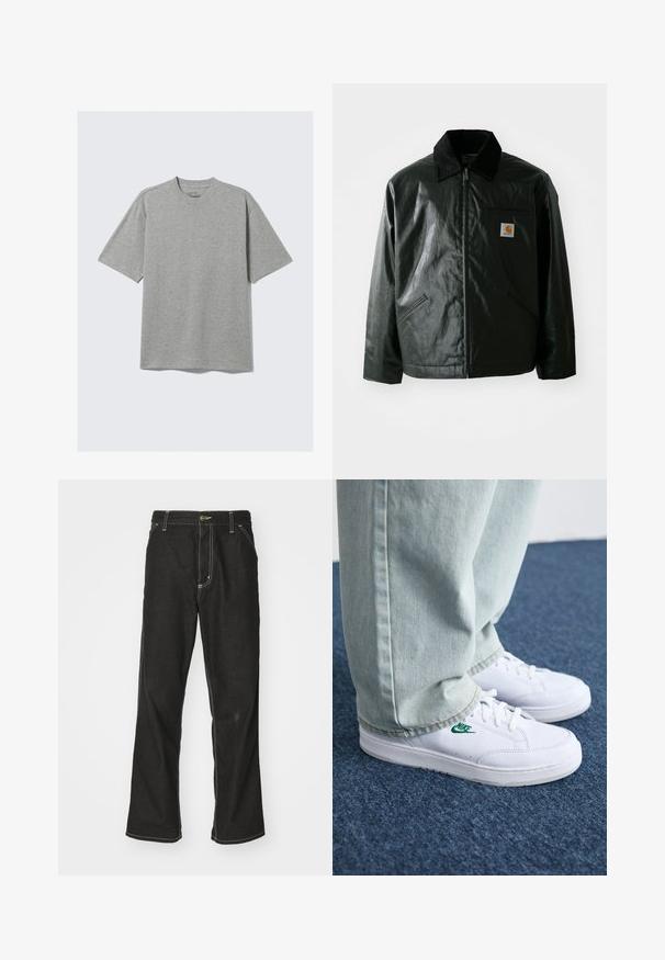 Black zip-up jacket made of smooth, shiny material. Features a corduroy collar, two front pockets, and a small logo patch on the chest.; Short-sleeve gray t-shirt made of soft cotton blend, featuring a crew neckline and relaxed fit with no visible patterns or accents.; Black denim jeans with a loose fit, featuring contrasting white stitching, a button closure, and a straight leg design.; White leather sneakers with green Nike logo, round toe, flat sole, paired with light blue denim pants, shown on a blue carpet.