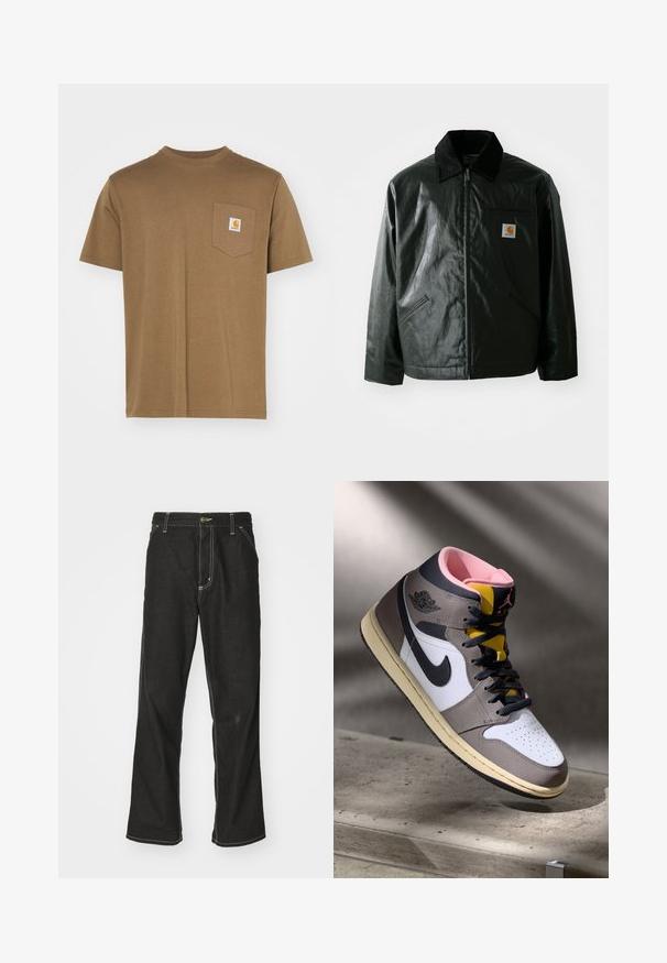 Juodas užtrauktuku užsegamas švarkas, pagamintas iš glotnaus, blizgaus medžiagos. Savybė - keteros apykaklė, dvi priekinės kišenės ir mažas logotipo ženklelis ant krūtinės.; Ruda medvilnės marškinėliai su apvali iškirpte ir trumpomis rankovėmis. Yra kairėje krūtinės pusėje kišenė su balta logotipo etikete. Jokio grubumo - lygi tekstūra.; Juodi džinsai su laisvu siluetu, turintys kontrastingas balto siūlo siūles, mygtuko uždarymą ir tiesų kojos dizainą.; Balti Nike Air Jordan aukšti sportbačiai balta, pilka ir juoda spalva su rožine vidine dalimi ir geltonu liežuvėliu, padėti ant betono paviršiaus.