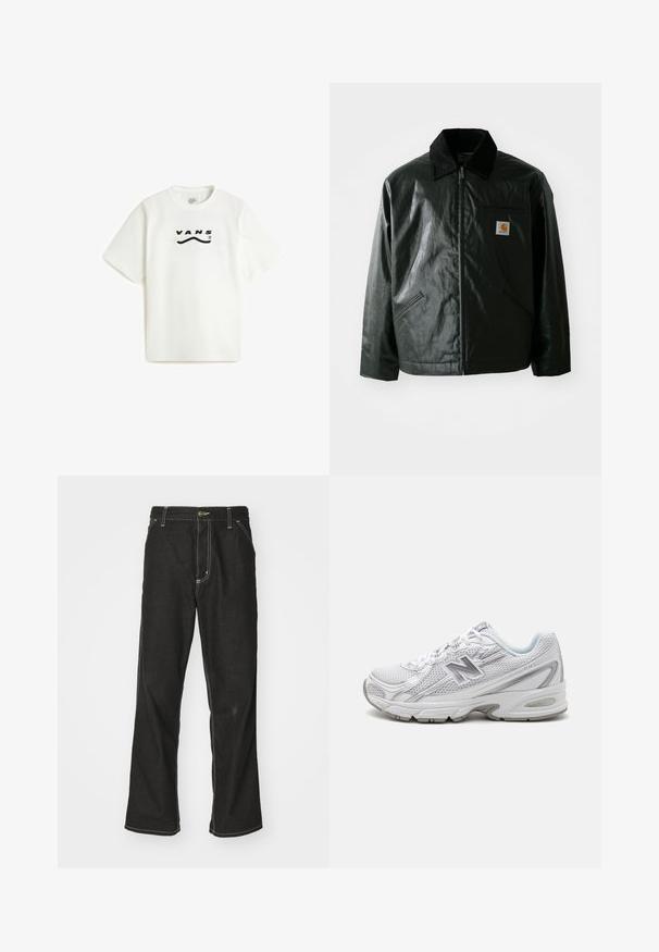 Chaqueta negra con cremallera hecha de un material liso y brillante. Presenta un cuello de pana, dos bolsillos frontales y un pequeño parche con el logo en el pecho.; Vans DETERMINED - Camiseta estampada - white; Jeans de mezclilla negra con un corte holgado, que cuentan con costuras blancas contrastantes, cierre de botón y un diseño de pierna recta.; Zapatilla deportiva blanca con parte superior de malla, acentos reflectantes y suela acolchada. Presenta una puntera redonda y un sistema de cordones para un ajuste seguro.