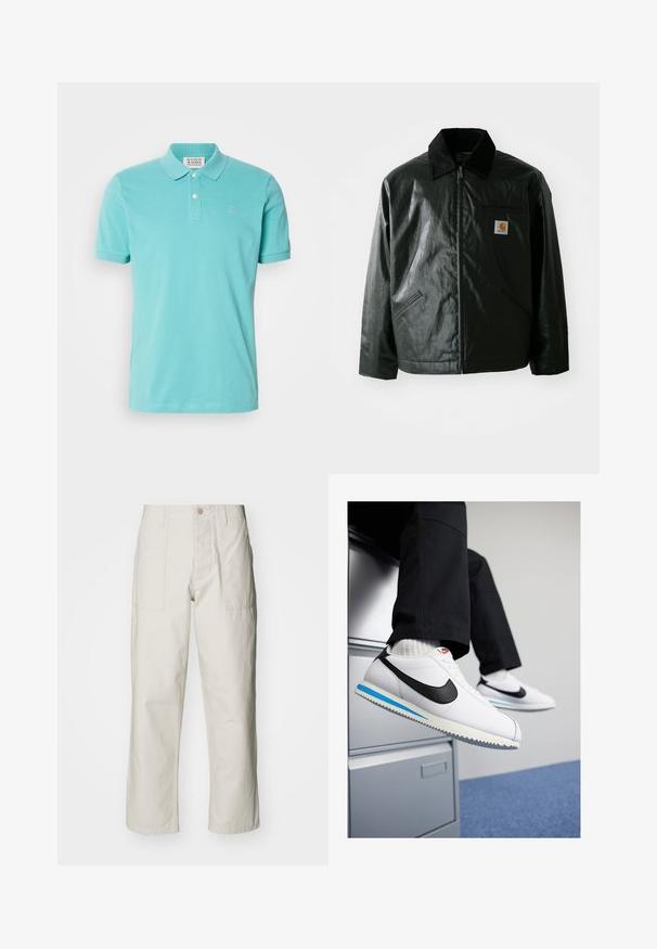 Chaqueta negra con cremallera hecha de un material liso y brillante. Presenta un cuello de pana, dos bolsillos frontales y un pequeño parche con el logo en el pecho.; Camisa polo turquesa, material de algodón, de mangas cortas, con tapeta de dos botones, sutil logo bordado en el pecho, textura suave.; Pantalones de pierna ancha color beige claro, hechos de algodón. Cuentan con bolsillos frontales y cierre de botón. Textura suave con sutiles líneas verticales.; Zapatillas blancas de cuero con un swoosh negro de Nike, suela de goma en azul claro y gris, y un diseño clásico de cordones. Pies apoyados en un archivero.