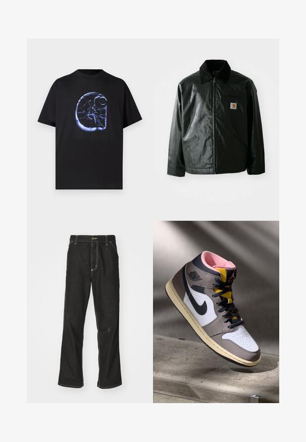 Black zip-up jacket made of smooth, shiny material. Features a corduroy collar, two front pockets, and a small logo patch on the chest.; Black t-shirt with a large graphic featuring a shattered glass pattern in blue, short sleeves, crew neckline, made from soft cotton.; Black denim jeans with a loose fit, featuring contrasting white stitching, a button closure, and a straight leg design.; High-top Nike Air Jordan sneaker in white, grey, and black with pink interior and yellow tongue, positioned on a concrete surface.